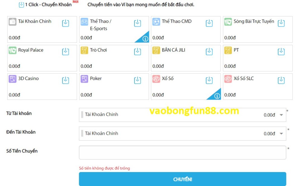 click vào mục rút tiền FUN88