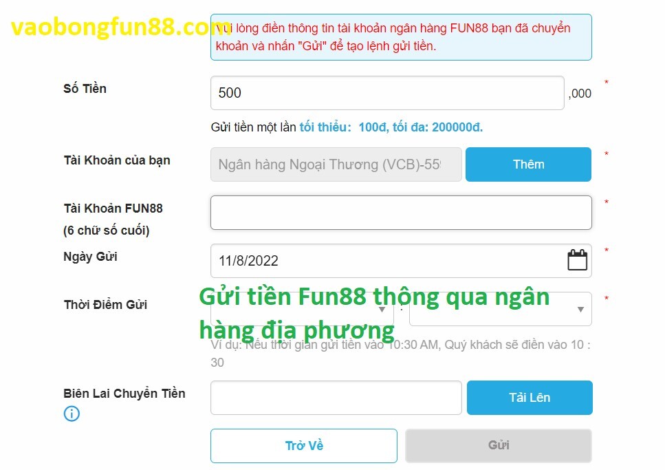 Gửi tiền Fun88 nhanh chóng trong một nốt nhạc 8 Xác nhận gửi tiền FUN88 thông qua ngân hàng địa phương