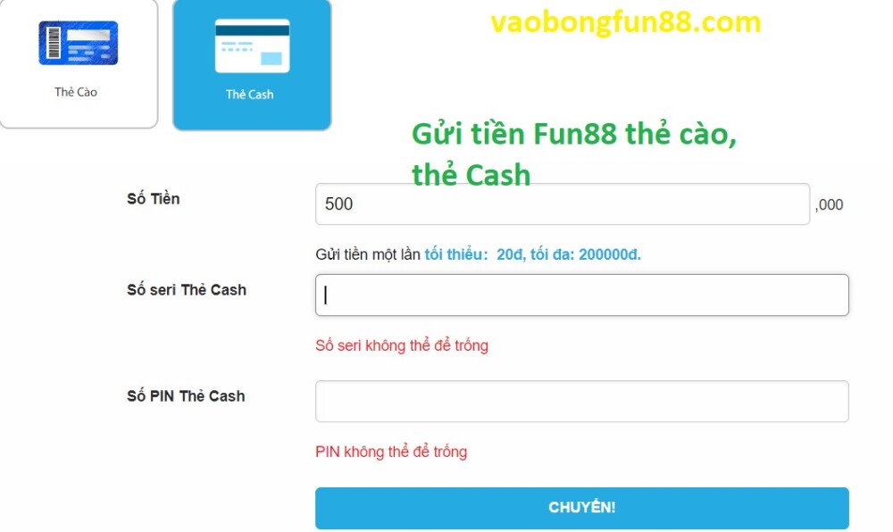 Gửi tiền Fun88 nhanh chóng trong một nốt nhạc 11 Điền thông tin thẻ cào để nạp tiền FUN88 thành công